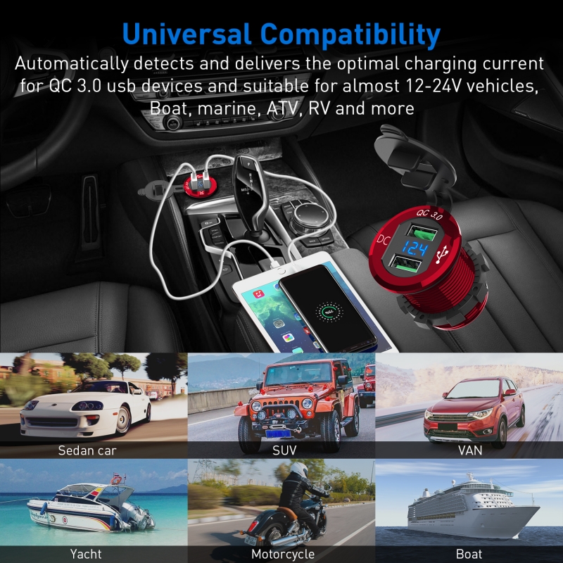 Waterproof 36W 12V USB Outlet Fast Charge with Voltmeter & Switch for 12V/24V Car Boat Marine ATV Bus Truck and More Quick Charge 3.0 Dual USB Car Charger LiDiVi Upgraded Version 